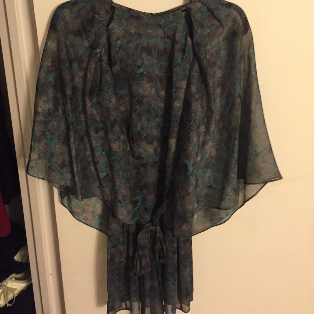 Halston Heritage Grey/Teal Cape Dress with Belt